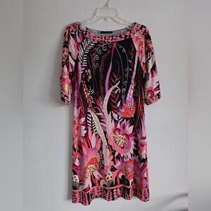 ELIE TAHARI | 100% Silk 1/2 Sleeve Shift Dress Floral Black Pink sz M
